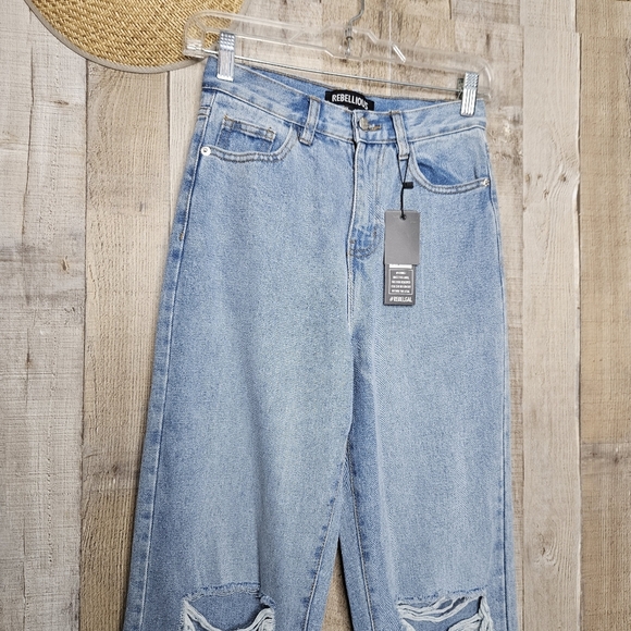 Rebellious Mid Wash Distressed Knee High-rise Extra Long Denim Blue Jeans Size 2 - Picture 3 of 9